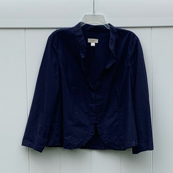 Loft Navy Jacket with ruffle trimmed accent - Picture 1 of 5